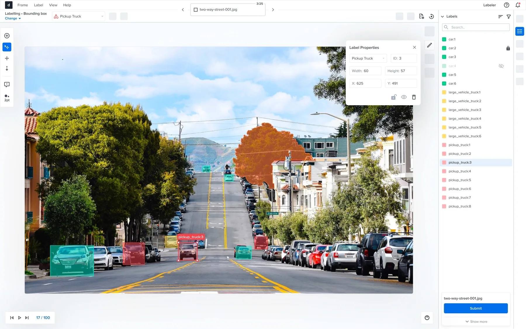 Deepen Annotate 2D bounding-box editor labeling vehicles and pedestrians on a city street, with the label list and properties panels open