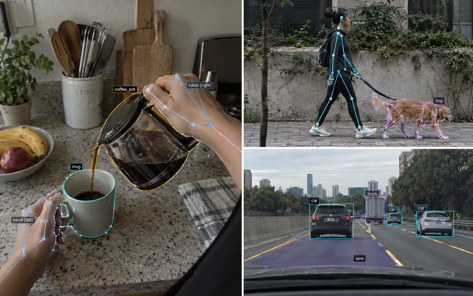 Physical AI data outputs with hand tracking, pose tracking, and driving annotations.