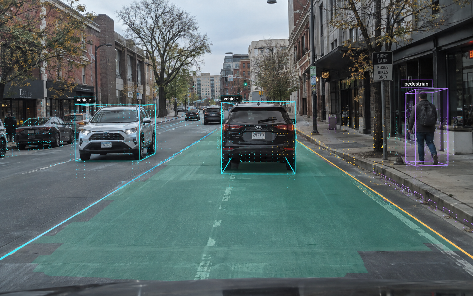 Driving scene with vehicle and pedestrian boxes, lane boundaries, and road segmentation.
