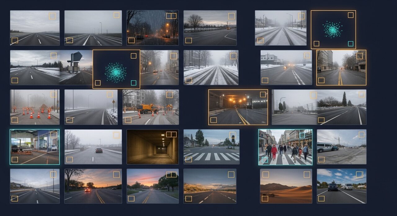 A data catalog of diverse captured driving scenarios, daytime highway, rainy night city, snow, fog, a construction zone, a tunnel, and a pedestrian crosswalk, with the rare long-tail scenes outlined for selection and a point-cloud overlay marking sensor coverage